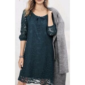 Garnet Hill Bohème Dress Sz 12 Dark Teal Ivy Lace 3/4 Sleeve Tied Scoop Neck‎